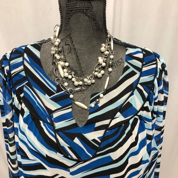 ana Blouse Womens Size XL Blue Black Gray Lined Sheer Long Sleeves Top Office - Picture 2 of 6